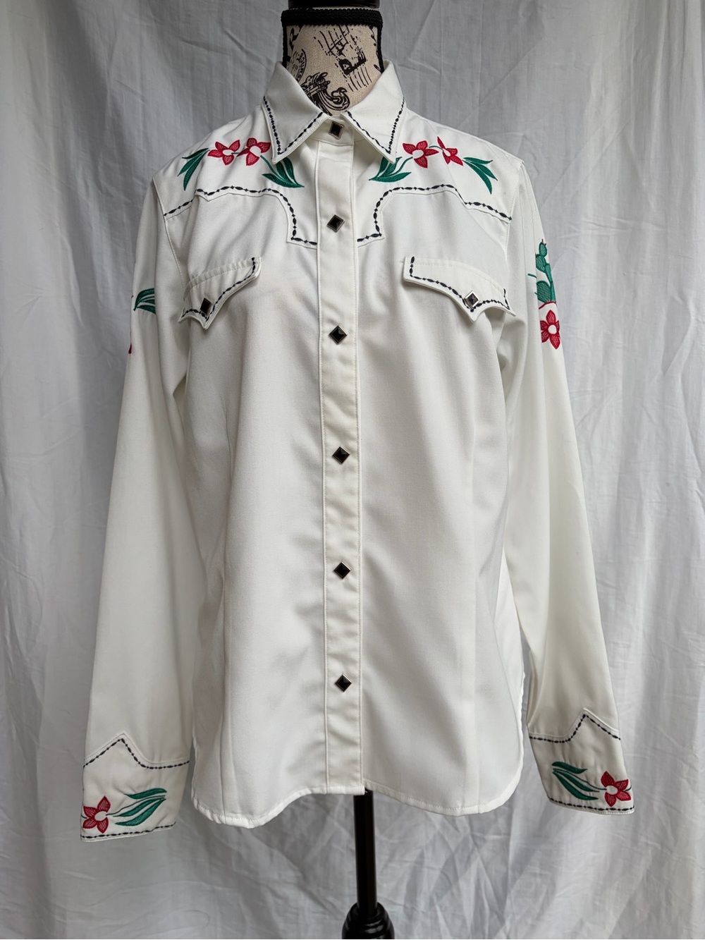 Roper White Embroidered Western Snap Front Shirt Floral Cactus Cowgirl Medium